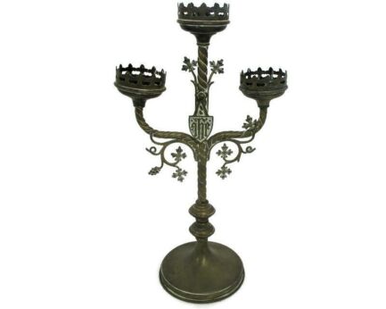Church Chapel Altar Brass Ornate Candle Holder Candelabra Shield 3 arm HTF WOW Gorgeous