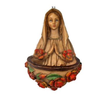 Vintage Holy Water Font Resin Virgin Mary Infant Child Roses Wall Hanging Italy