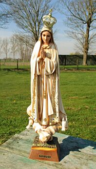 Statuette Our Lady Fatima Portugal r Crown Doves Glass Eyes Hard Plastic 18.89"