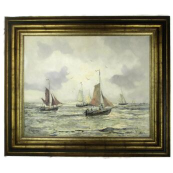 XL Oil Painting Signed Wilhem Sailing Boats Ships Ornate Decorative Frame Wood