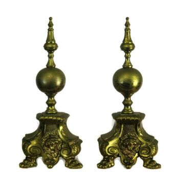 Couple Pair Mid Century Modern Brass Fireplace Set Andirons Lion heads Ornate