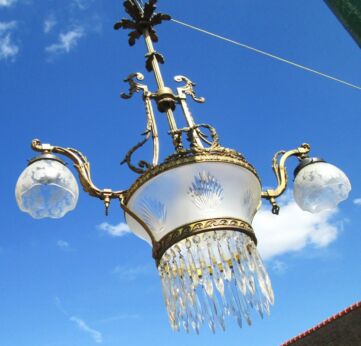 Victorian Antique Gas Electric  Chrystal Chandelier Brass Light  Shade Etched Cut glass