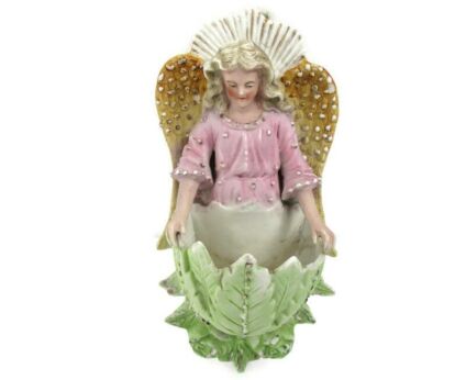 Vintage Holy Water Font Vessel Angel Bisque Porcelain Pink Pastel Lovely 7.67"