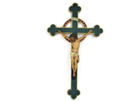 French Polychrome Antique Crucifix 19th C Fleur de Lis Plaster Corpus 32.48" WOW