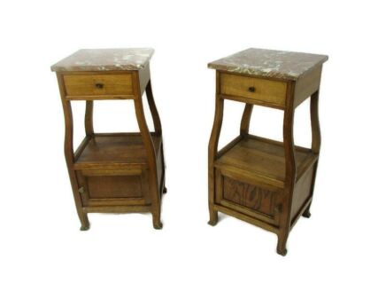 Couple Pair Antique French Art Nouveau Marble top Hand Carved Wood Side Cabinet Lamp End Table Nightstand Gorgeous WOW