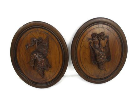 Pair Hand Carved Wooden Medallions Wall Panel Bas High Relief Tableaux Hunt Pheasants Signed Willy De Hondt Art Pieces