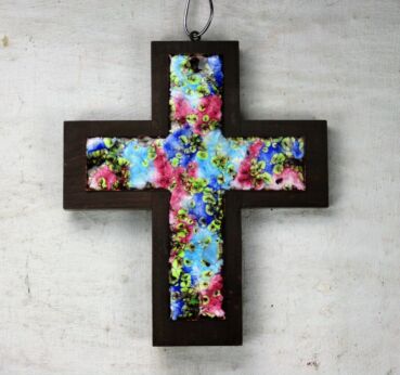 Hanging Crucifix Cross Jesus Christ Enamel on Wood Flower Motive