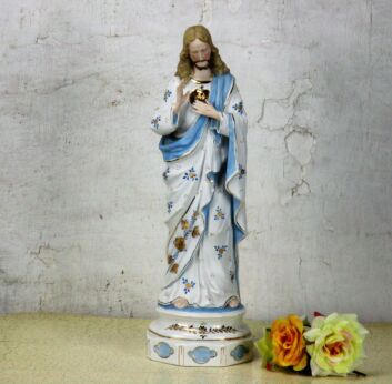 Antique Holy Heart Jesus Christ Porcelain French Statue Gorgeous Blue 16.53"