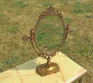 Antique French Style Etched Brass Rococo Adjustable Mirror Ornate