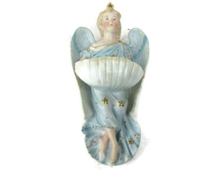 porcelain Bisque Holy Water Font Vessel Angel  Wall Hanging Vintage