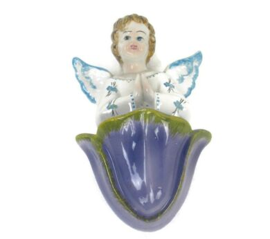 Holy Water Font Angel Hand Painted Bisque Porcelain Collector HTF 8.66"