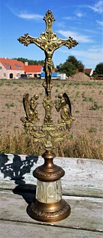 Vintage Antique Ornate brass Standing Table Crucifix Angels Glass Base