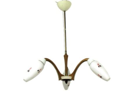 Modernist 60s Vintage Chandelier era Stilnovo 3 arm Danish Modern Glass Wood