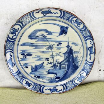 Antique 19th Century Large Delft Charger Plate Blue White Pagoda Chinoiserie