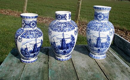 Vintage Delft set of 3 Vases Marked Delfts Bleau Blue White Windmill Landscape