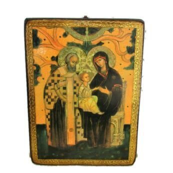 Vintage Florentine Wooden Icon Paint over Print Gold Relief edge Holy Family HTF
