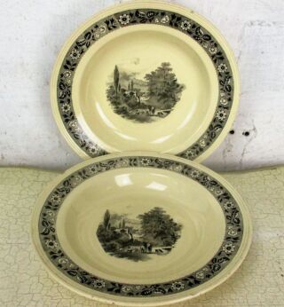2 Antique 1900 Sepia Soup Plates Boch la Louviere Black White Hunter Scene