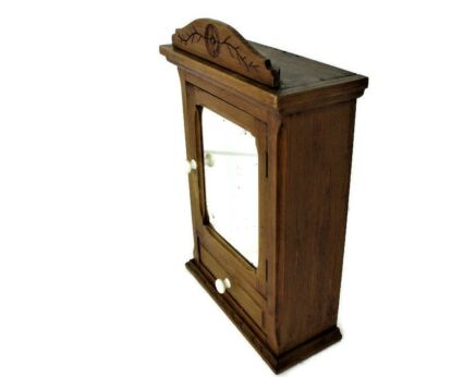 Art Deco Kitchen Apothecary Medicine Bathroom Wall Cabinet Hand Carved Ornate wood Pediment