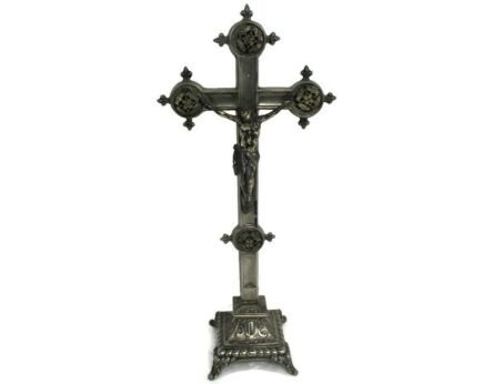 Vintage Standing Table  Crucifix Jesus Christ Cross Ornate  French Fleur de Lis Lys Spelter Beautiful