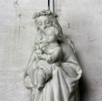 Antique French Holy Water Font Bisque Holy Virgin Infant Marked Collector HTF