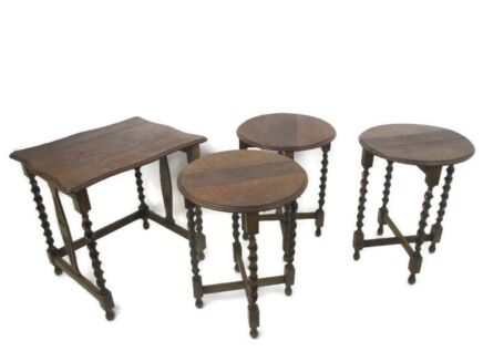 Barley Twist Set Wood Side Occasional Wine Coffee Table Pedestal Plant Stand pliable Set of 4 tables!! Barn Style 3 pliable nesting tables