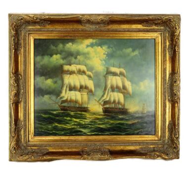 Gorgeous Oil Painting Old Sailing Boats Ship Marine Ornate Wood Plaster Frame