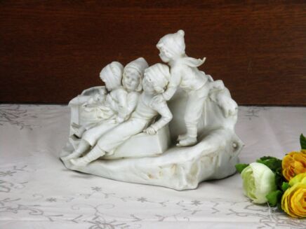 Gorgeous Figurine Katzhutte Children slay riding White Porcelain Planter Marked