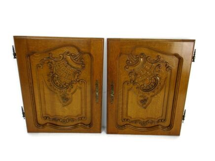 Pair Antique Hand Carved Wood Door Panels Reclaimed Architectural Salvaged