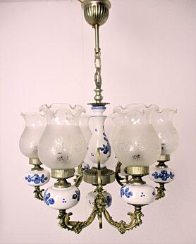 Delft Blue White Porcelain Ornate Brass Chandelier Dutch 6 Arms Etched Glass