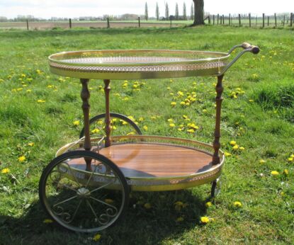 Bar Cart Italian Hollywood Regency Gold Chrome Wood Oval Wooden Handle Legs