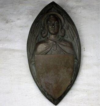 Antique Brass Ornate plaque Church Shield Seal Jesus Christ Collector