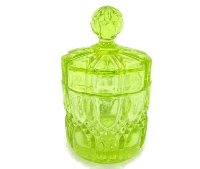 Vanity Dresser Depression glass Uranium Yellow Bottle Dish Lidded