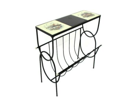 Vintage Mid Century Modern Magazine Newspaper Basket Rack Side Table Ceramic Tiles Fishermen Wrought Iron