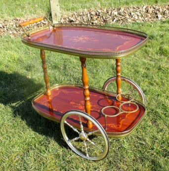 Bar Cart Italian Hollywood Regency Gold Chrome Wood Inlay Marquetry