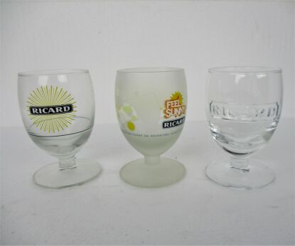 3 different French Ricard Glasses Pastis Apero France Collector HTF Feel Sunny