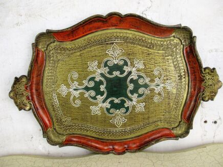 Mid Century Hollywood Regency Florentine Serving Tray Resin Orange Green Italy