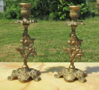 Antique Small Brass Couple Candle Holders authentic Decorative Flowers Lovely