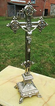 Antique Silver Plated Crucifix Christ Cross Memento Mori Table Cross 16.34"