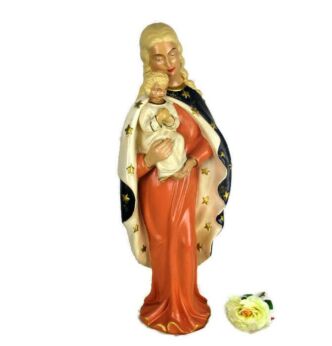 Large Polychrome Statue Virgin Mary Holy Mother Infant Child Mid Century Modern