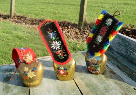 set of 3 Vintage Authentic Swiss Cowbells Rustic Bell Strap Tyrol Veysonnas