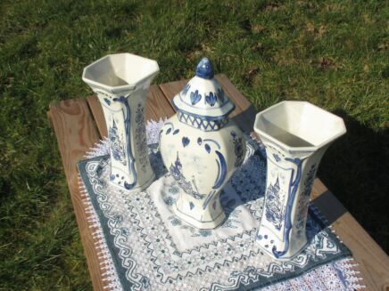 Vintage Delft Blue Pottery Garniture Set 2 Vases Matching Covered Urn