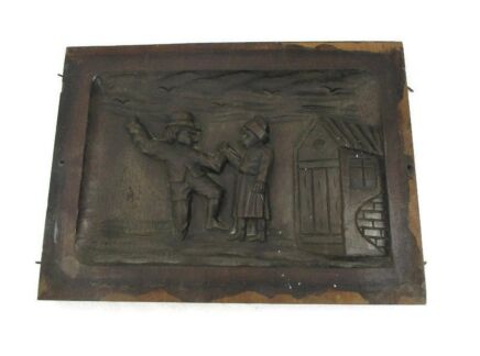 Breughel Scene dancing Couple Hand Carved Wood Wall Panel Bas High Relief Tableaux