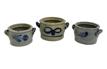 3 small Antique French Stoneware Earthenware Crock Jars Lard Cobalt gray Planters Flower Pots Herbs Farmhouse Country Barn Cottage Style