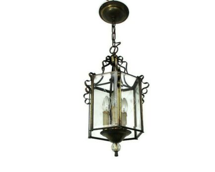 Lantern Ornate Chandelier Pendant Mid Century modern Brass Etched Art Glass