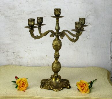 Vintage Gorgeous Ornate Brass Ornate Flowers 5 Arm Candle Holder Candelabra