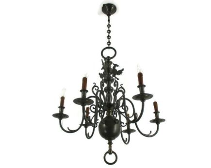 Antique Flemish Dutch Double Chandelier 6 Arms Lights Bronze 19th Century WOW