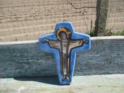 Small Ceramic Crucifix Ceramic Jesus Christ Blue Marked Laach