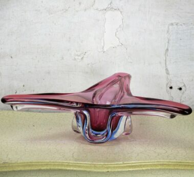 Italian Art Glass Cranberry Blue Bowl Dish Centerpiece Basket Murano Marked
