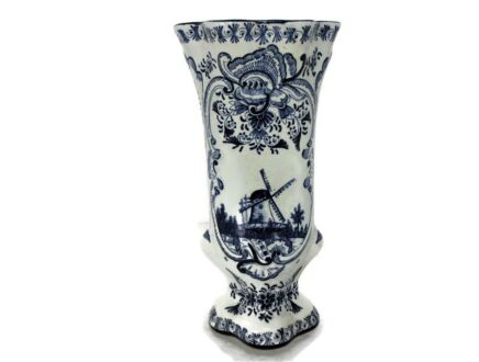 Antique Fazzoletto Vase Delft Holland Blue White Porcelain Marked Hand Painted Windmill
