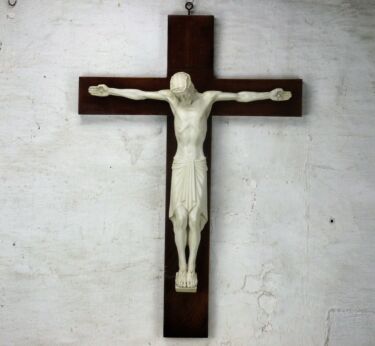 Modernist Wood Hanging Crucifix Cross Jesus Christ Plaster Corpus 28.34"
